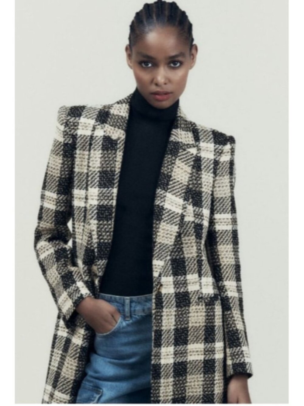 ZARA Tweed Plaid Longline Blazer Black Ecru Gold Buttons Size S
